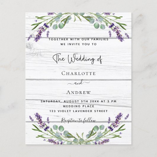 Lavendel groen hout budget bruiloft uitnodiging (Voorkant)