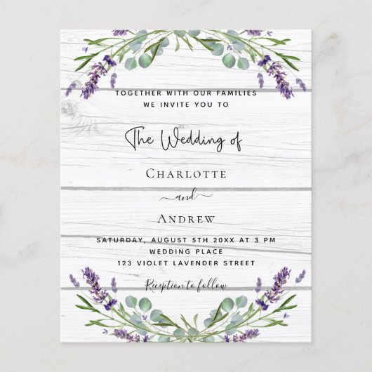 Lavendel groen hout budget bruiloft uitnodiging flyer (Voorkant)