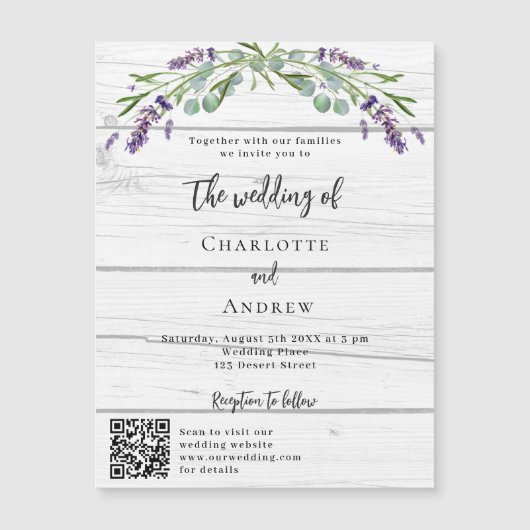Lavendel groen hout QR code luxe bruiloft Magnetische Uitnodiging (Voorkant)