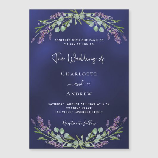 Lavendel groen marineblauw luxe bruiloft magnetische uitnodiging (Voorkant)