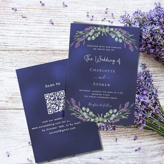 Lavendel groen marineblauw QR code RSVP bruiloft Kaart