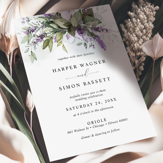 Lavendel groen Modern Paarse bruiloft uitnodiging