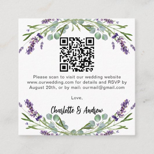 Lavendel groen QR code bruiloft RSVP Informatiekaartje (Voorkant)