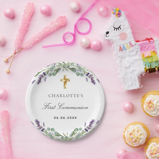 Lavendel groen violette bloemen Eerste Communie Papieren Bordje (Feest)