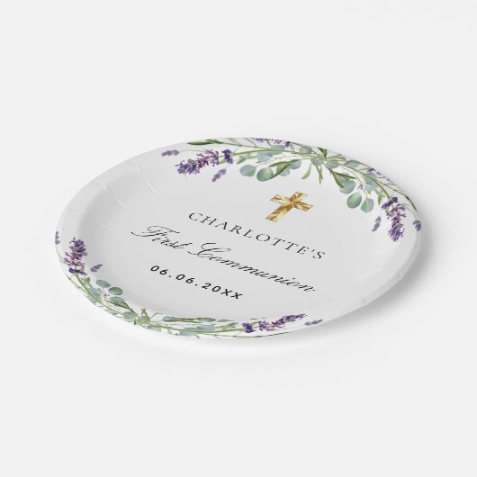 Lavendel groen violette bloemen Eerste Communie Papieren Bordje (Gekanteld)