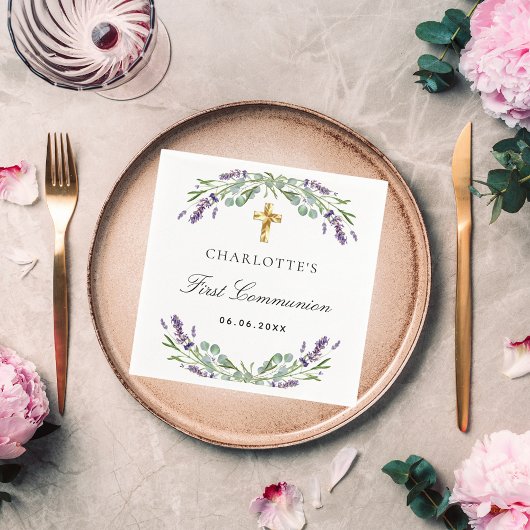 Lavendel groen violette bloemen Eerste Communie Servet