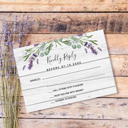 Lavendel groen wit hout bruiloft reactie RSVP