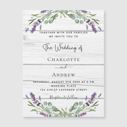 Lavendel groen wit hout luxe bruiloft magnetische uitnodiging (Voorkant)