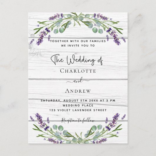 Lavendel groen wit hout QR code bruiloft Uitnodiging Briefkaart (Voorkant)