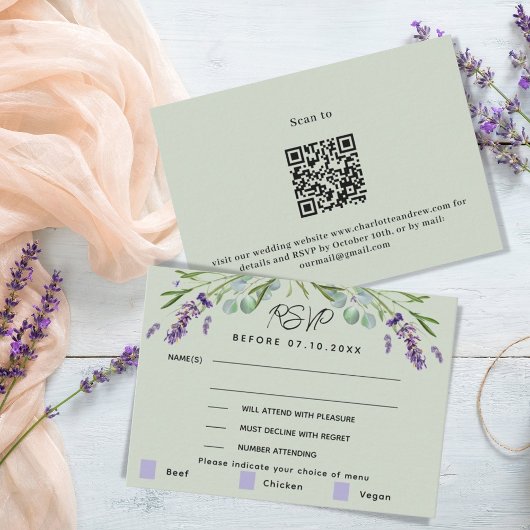 Lavendel groene bruiloft menu QR reactie RSVP