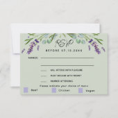 Lavendel groene bruiloft menu reactie RSVP-kaart (Voorkant)