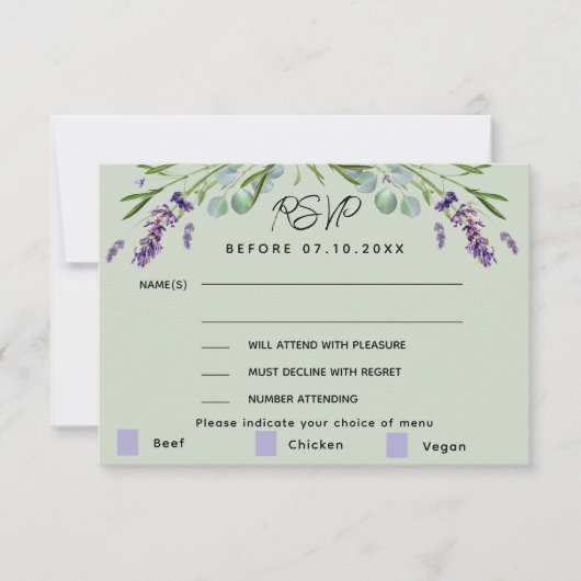Lavendel groene bruiloft menu reactie RSVP-kaart (Voorkant)