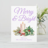 Lavendel Handgeschreven Script Merry & Bright Feestdagenkaart (Staand voorkant)