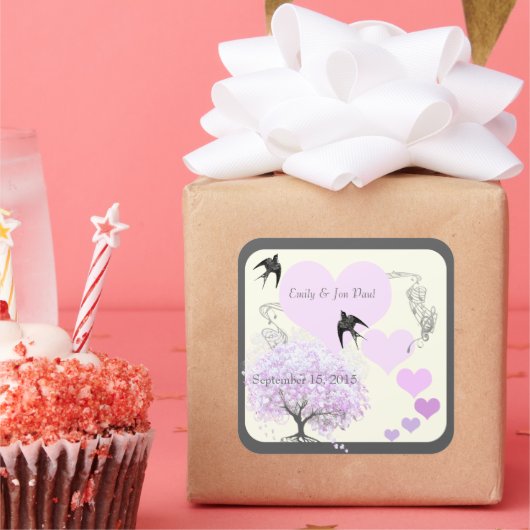 Lavendel Hartblad Boom Bruiloft Vierkante Sticker (Feest)