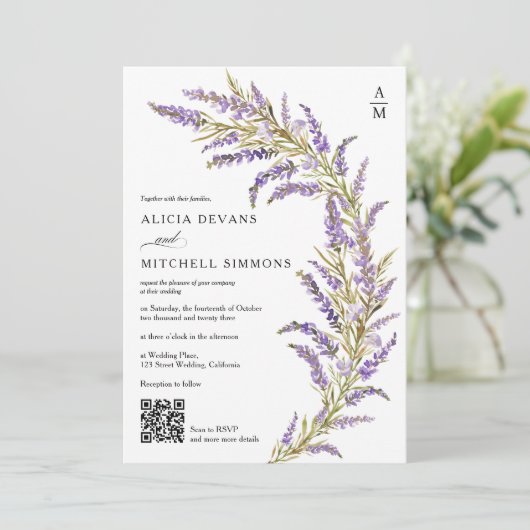Lavendel Herfst herfst bloemenbruiloft QR waterver Kaart (Staand voorkant)