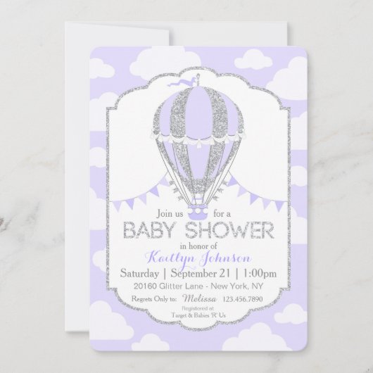 Lavendel Hete Luchtballon Meisje Baby shower Kaart (Voorkant)