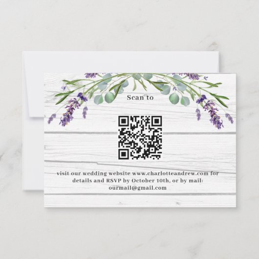 Lavendel hout bruiloft menu QR code RSVP reactie (Achterkant)