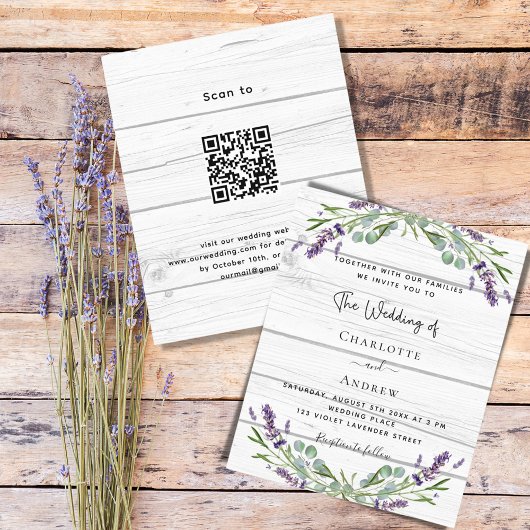 Lavendel hout QR code budget bruiloft uitnodiging