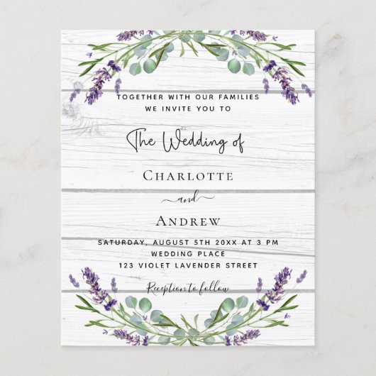 Lavendel hout QR code budget bruiloft uitnodiging (Voorkant)