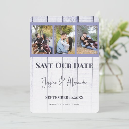 Lavendel Houten Fotocollage Save The Date (Staand voorkant)