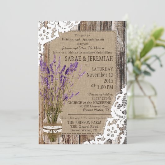 Lavendel Houten Kant Rustieke Bruiloft Kaart (Staand voorkant)