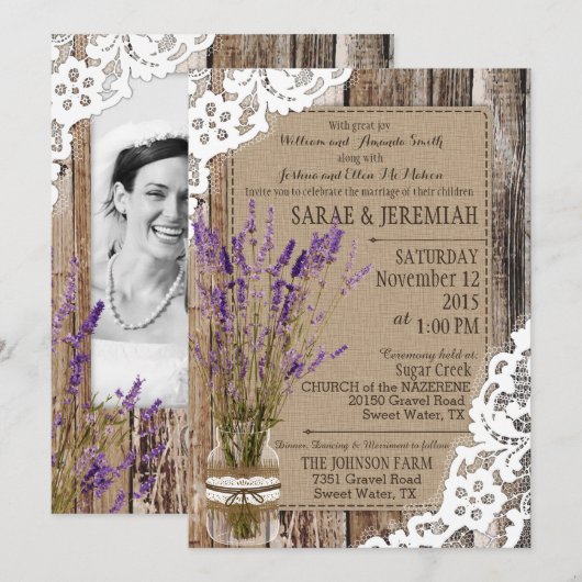 Lavendel Houten Kant Rustieke Bruiloft Kaart (Voorkant / Achterkant)
