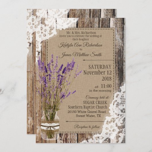 Lavendel Houten Kant Rustieke Bruiloft Kaart (Voorkant / Achterkant)