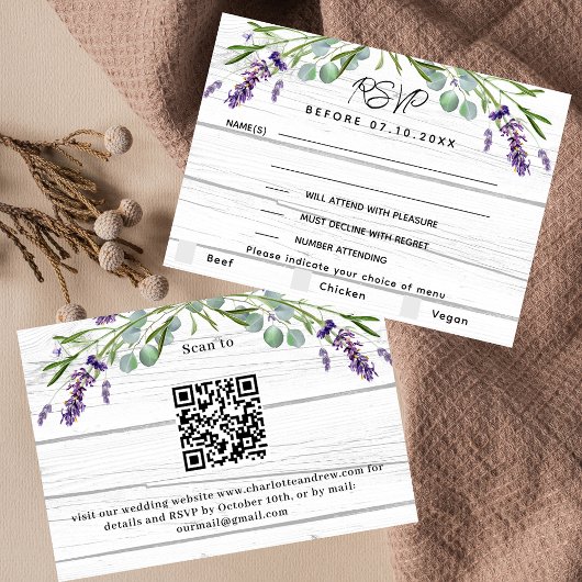 Lavendel houten menu QR code bruiloft RSVP reactie