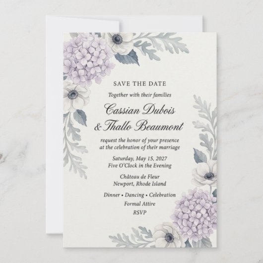 Lavendel Hydrangea & Anemone Botanische Elegantie Kaart (Voorkant)