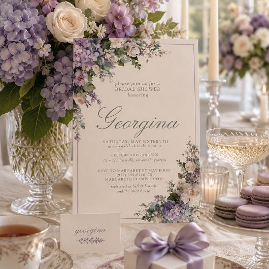 Lavendel Hydrangea Ivoor Monogram Bruidsfeest Kaart