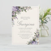 Lavendel Hydrangea Ivoor Monogram Bruidsfeest Kaart (Staand voorkant)