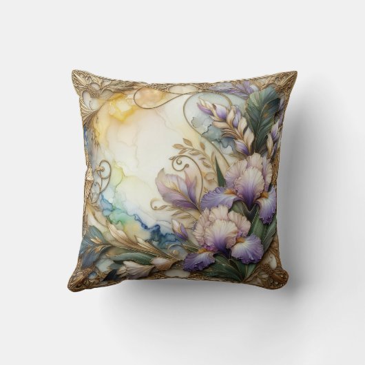  Lavendel Iris Flowers met Gold Scrolling Kussen (Achterkant)