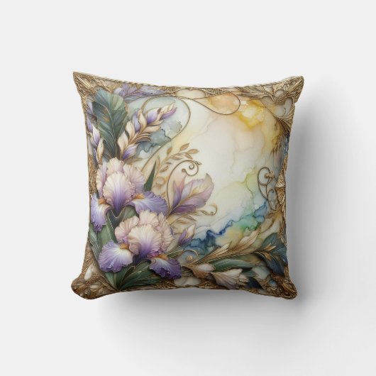  Lavendel Iris Flowers met Gold Scrolling Kussen (Voorkant)