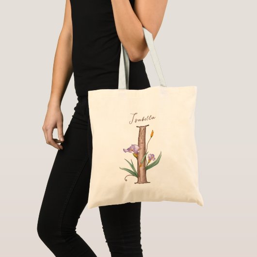 Lavendel Iris 'I' Botanisch Monogram Aangepaste Na Tote Bag (Voorkant (product))