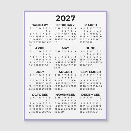 Lavendel Kalender Magneet 2027 Hele Jaar Overzicht (Voorkant)