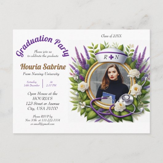 Lavendel & Kamille Nurse Afstuderen uitnodiging (Voorkant)