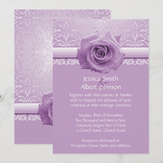 Lavendel Kant Damask Beauty Roos Bruiloft Uitnodig Kaart (Voorkant / Achterkant)