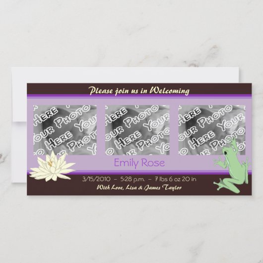 Lavendel kikker en Lotus geboorte aankondigingen (Voorkant)