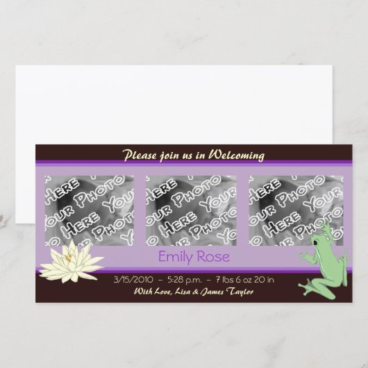 Lavendel kikker en Lotus geboorte aankondigingen (Voorkant / Achterkant)