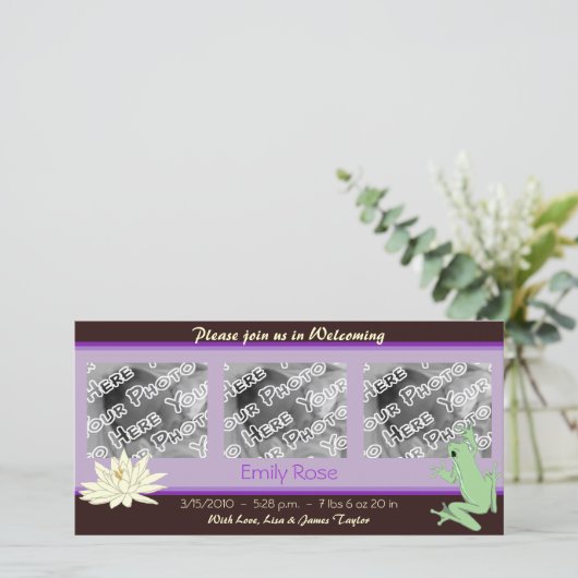 Lavendel kikker en Lotus geboorte aankondigingen (Staand voorkant)