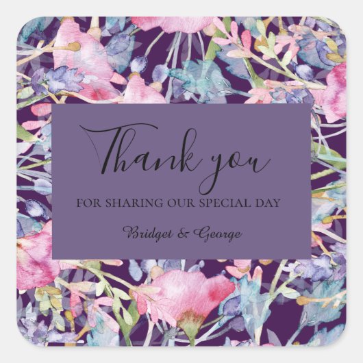 lavendel kleurrijke wildflower groen bruiloft vierkante sticker (Voorkant)