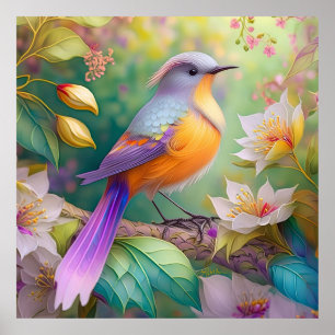 Lavendel Kop Oranje Borst Fantasie Vogel Poster