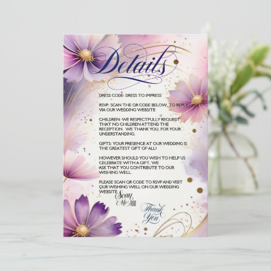 Lavendel Kosmos Bloemen QR Code Detail Kaart (Staand voorkant)