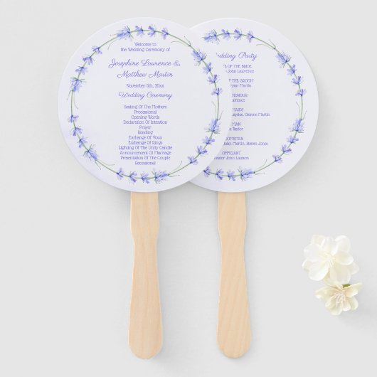 Lavendel krans bloemenbruiloft ceremonie programma handwaaier (Voorkant en achterkant)