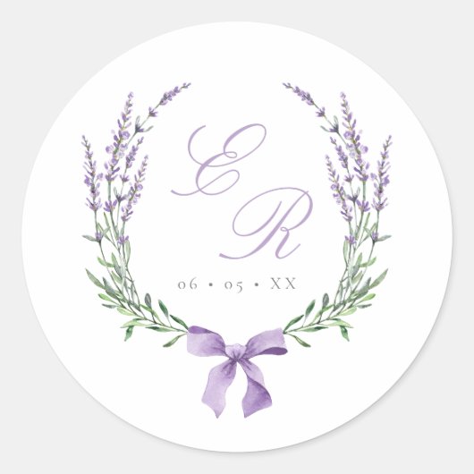 Lavendel Krans & Boog Monogram Huwelijk Ronde Sticker (Voorkant)
