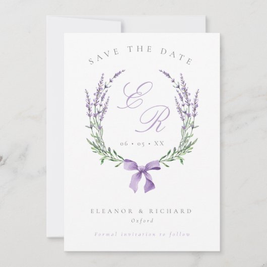 Lavendel Krans & Boog Monogram Trouwfoto Save The Date (Voorkant)
