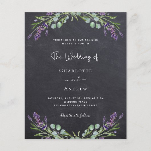 Lavendel krijtbord budget bruiloft uitnodiging (Voorkant)
