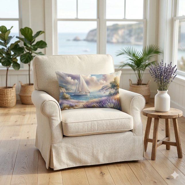 Lavendel Kust Zeilboot Aquarel Scene Kussen (Lavender Coast Sailboat Watercolor Scene Lumbar Pillow On Chair)