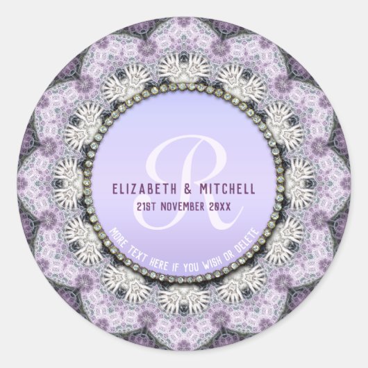 Lavendel Lace Monogram bruiloft Ronde Sticker (Voorkant)