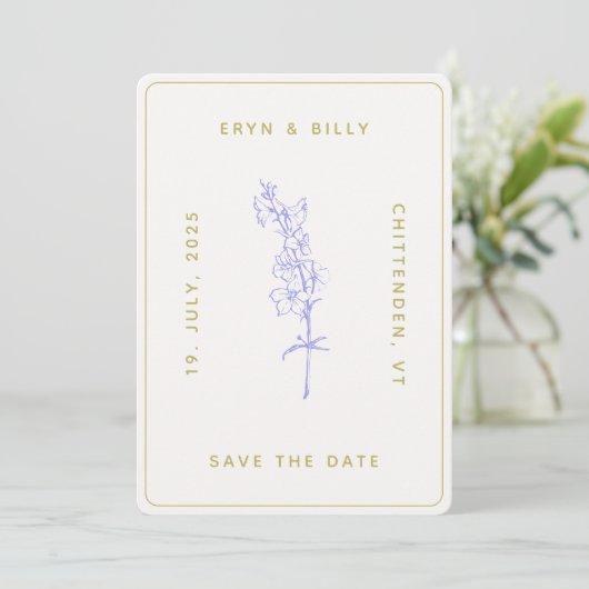 Lavendel Larkspur Floral Save the Date (Staand voorkant)
